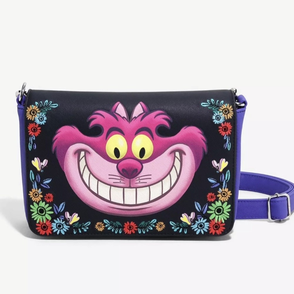 Cheshire Cat Embroidered Crossbody Bag - Black and Purple